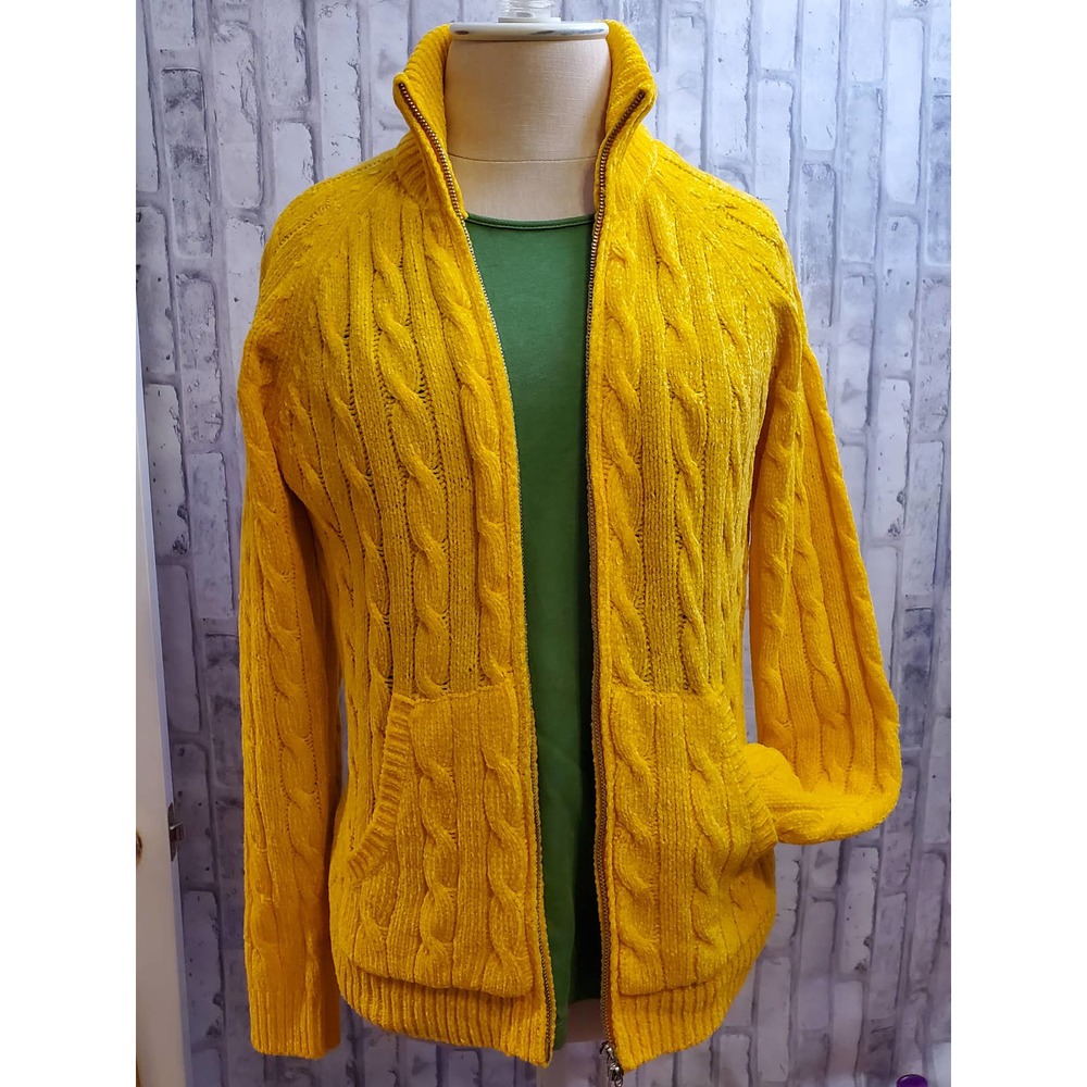 Golden Yellow Cable Knit Chenille Zip-Up Sweater